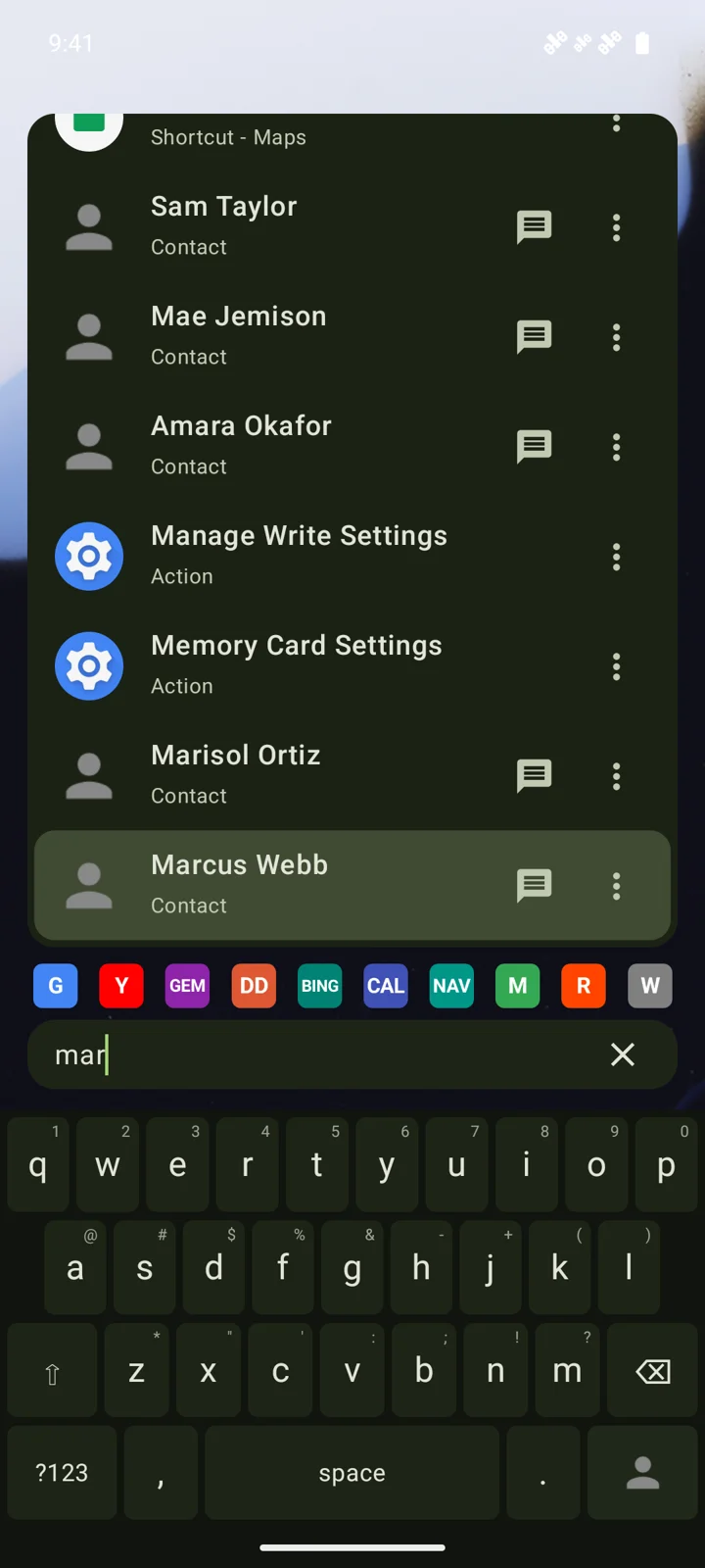 Search results showing demo contacts and system settings