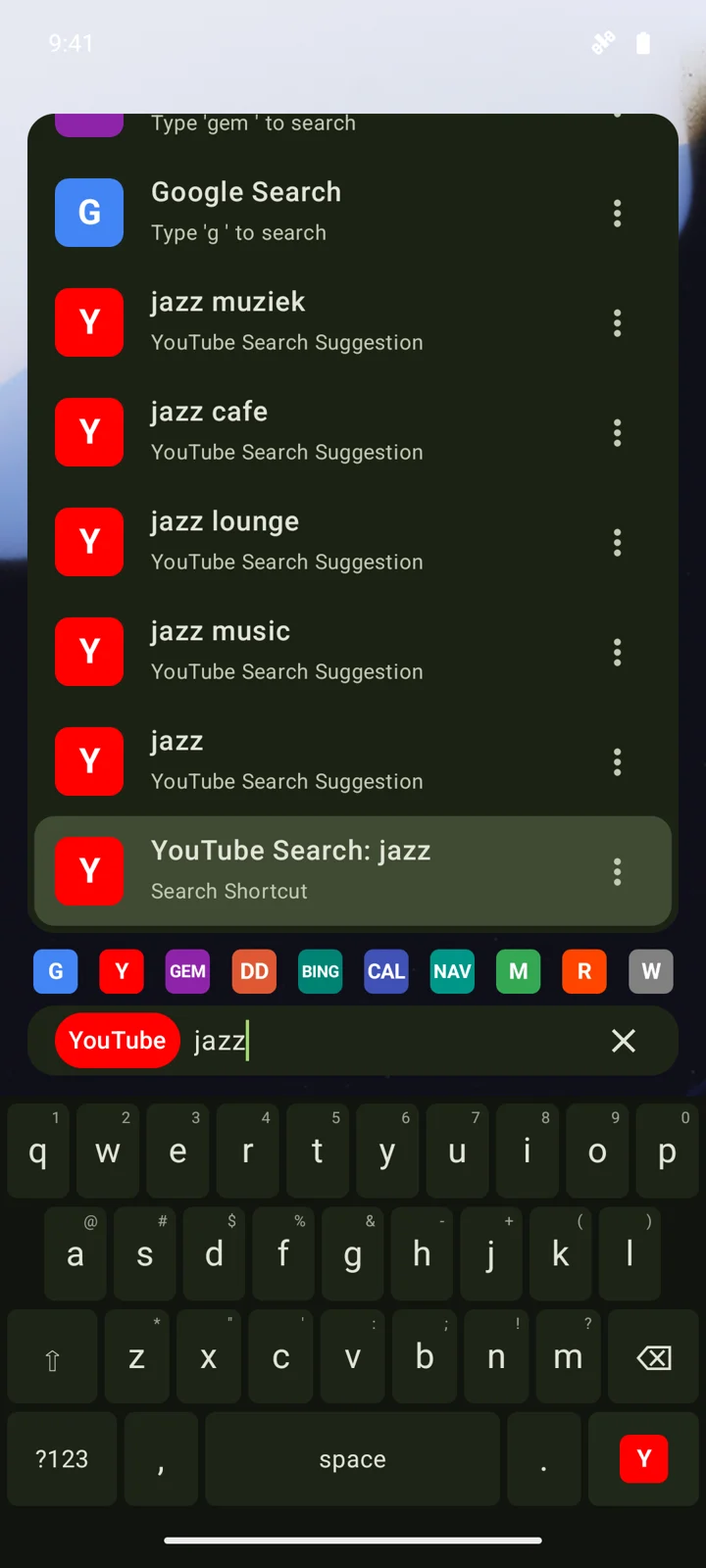 YouTube shortcut: type y then a query from the home bar