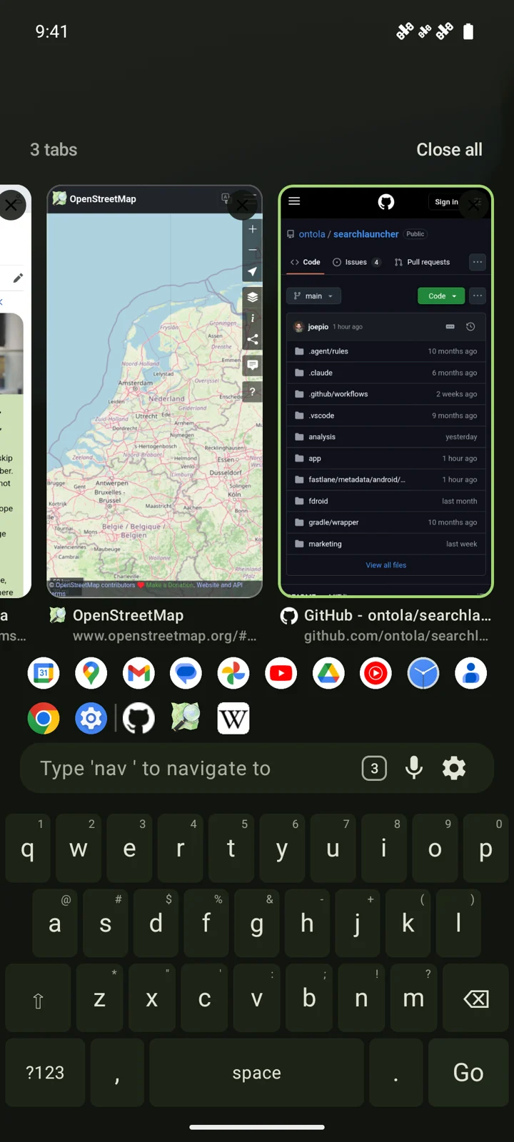 Browser tabs as live previews above the home search bar