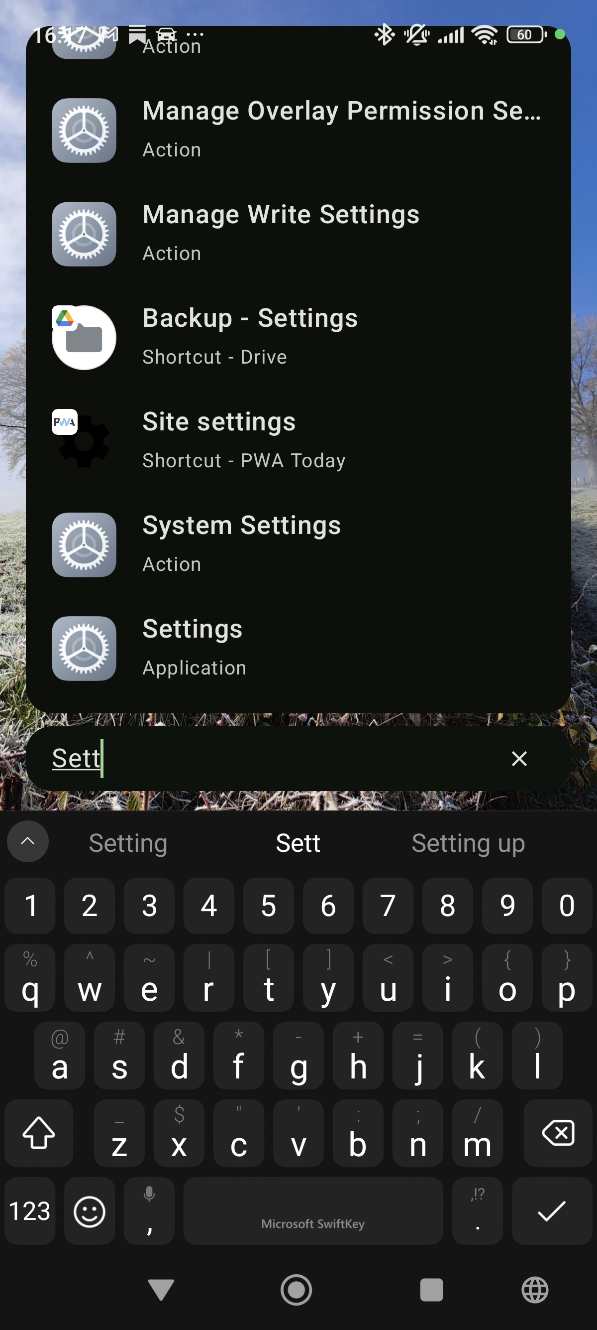 Search results for settings and system actions